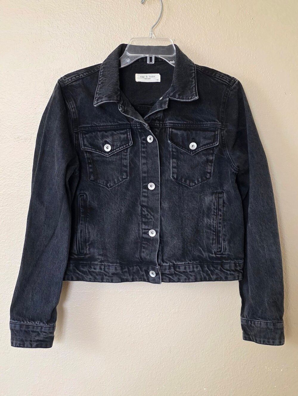 Rag & Bone Womens Black Highland Cropped Denim Trucker Jacket - Size Small